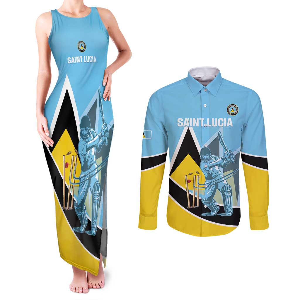 Custom Saint Lucia Cricket Couples Matching Tank Maxi Dress and Long Sleeve Button Shirt Go Champions - National Color