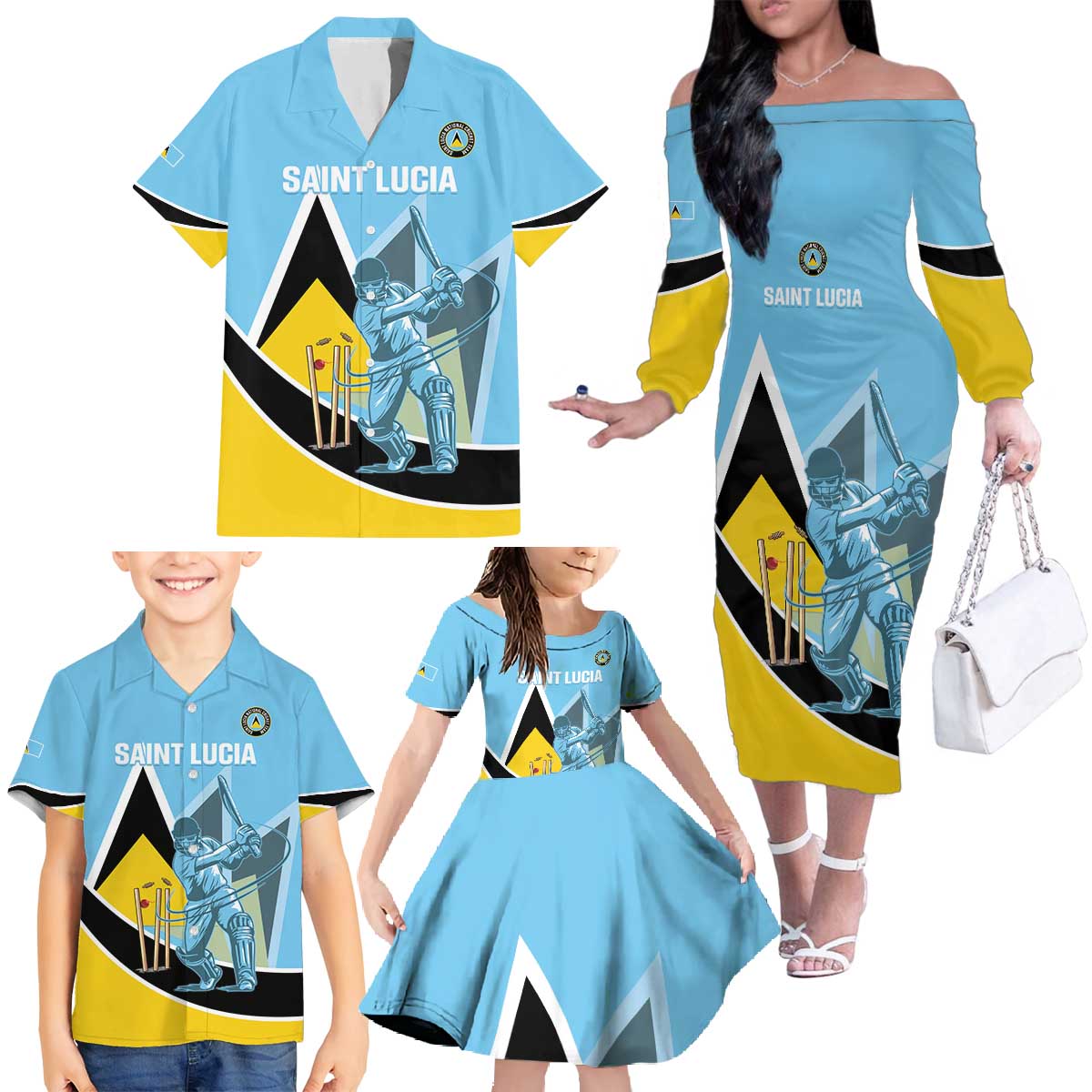 Custom Saint Lucia Cricket Family Matching Off The Shoulder Long Sleeve Dress and Hawaiian Shirt Go Champions - National Color