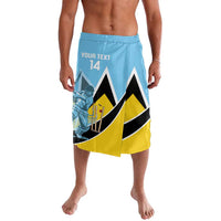 Blue cricket shorts with black and yellow graphic, elastic waistband, 'YOURTEXT 14'.