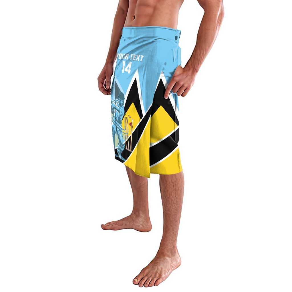 Blue cricket shorts with yellow and black chevron graphic, 'YOURTEXT 14' print.