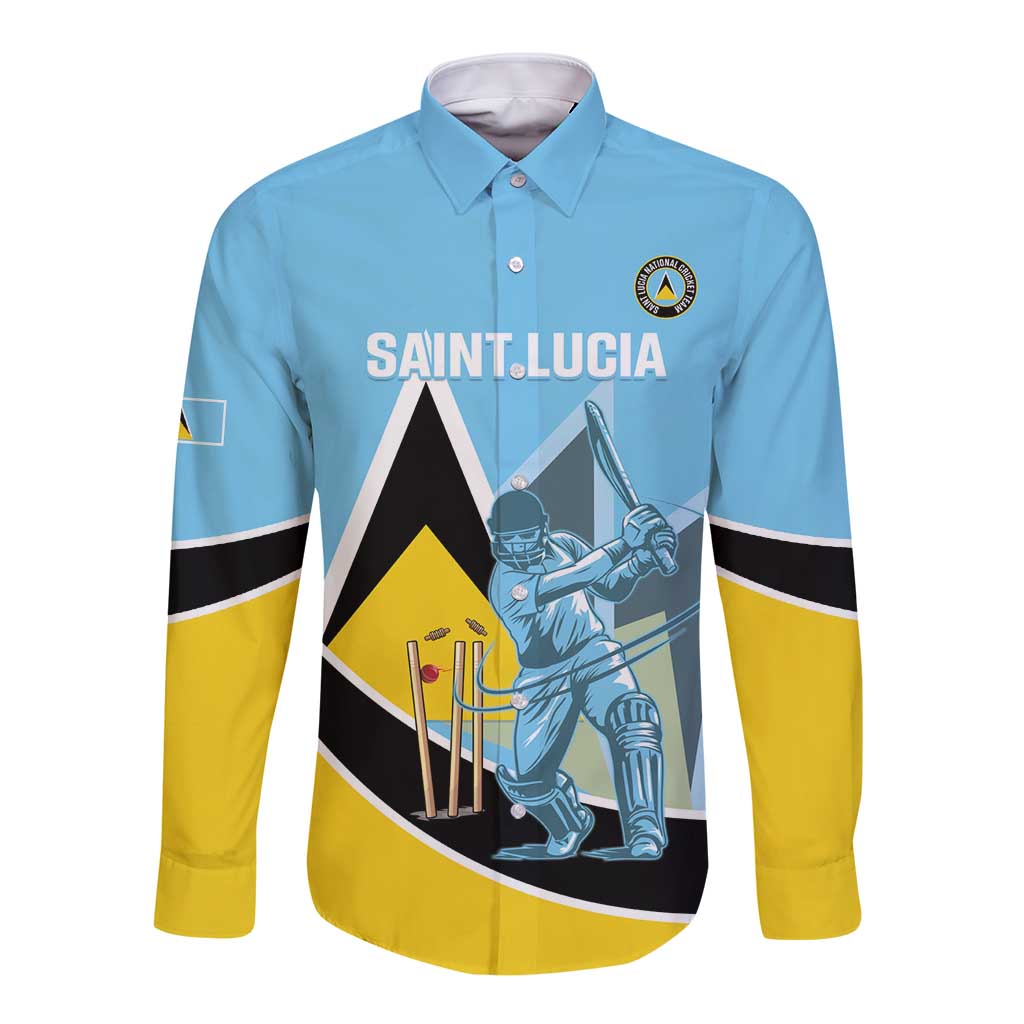 Blue long-sleeve button-up cricket shirt with Saint Lucia graphic, crest, yellow cuffs