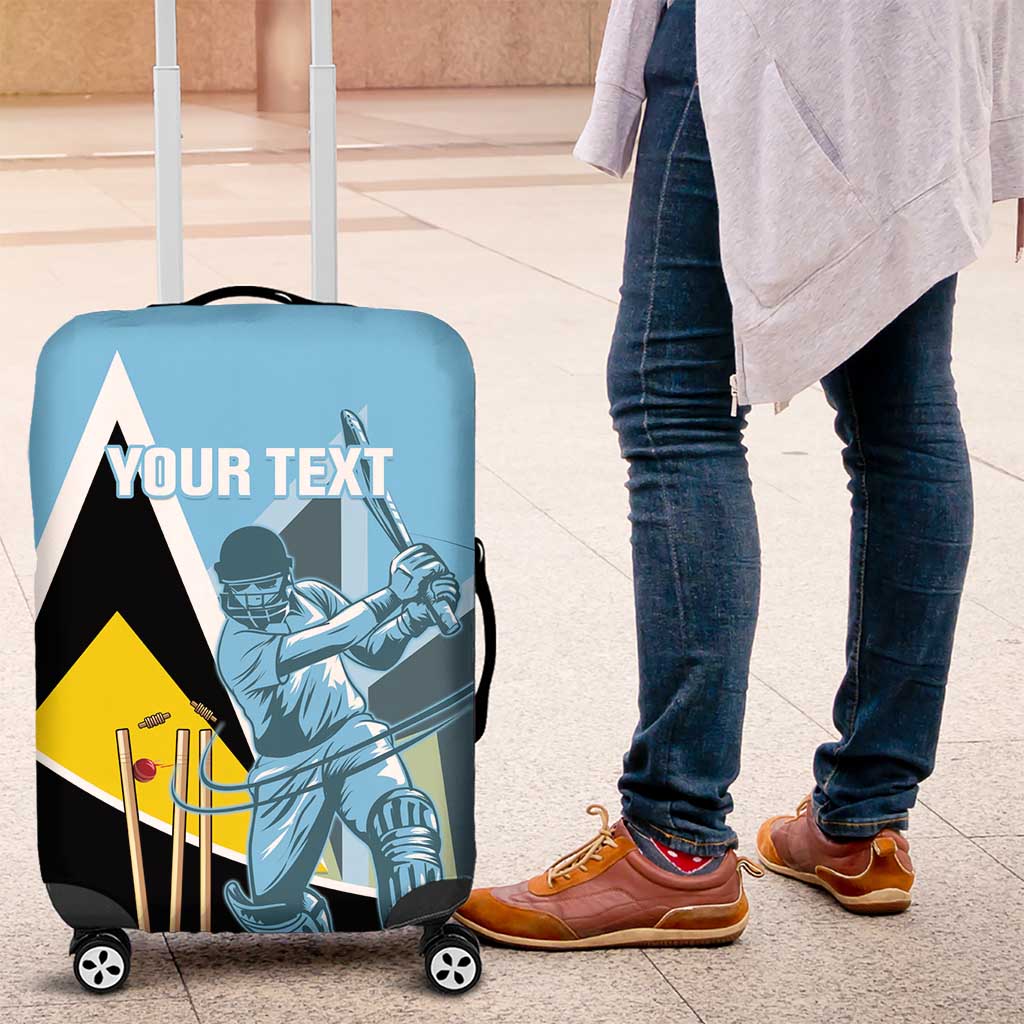 Blue luggage cover with astronaut cricket graphic and custom text, fitted over wheeled suitcase