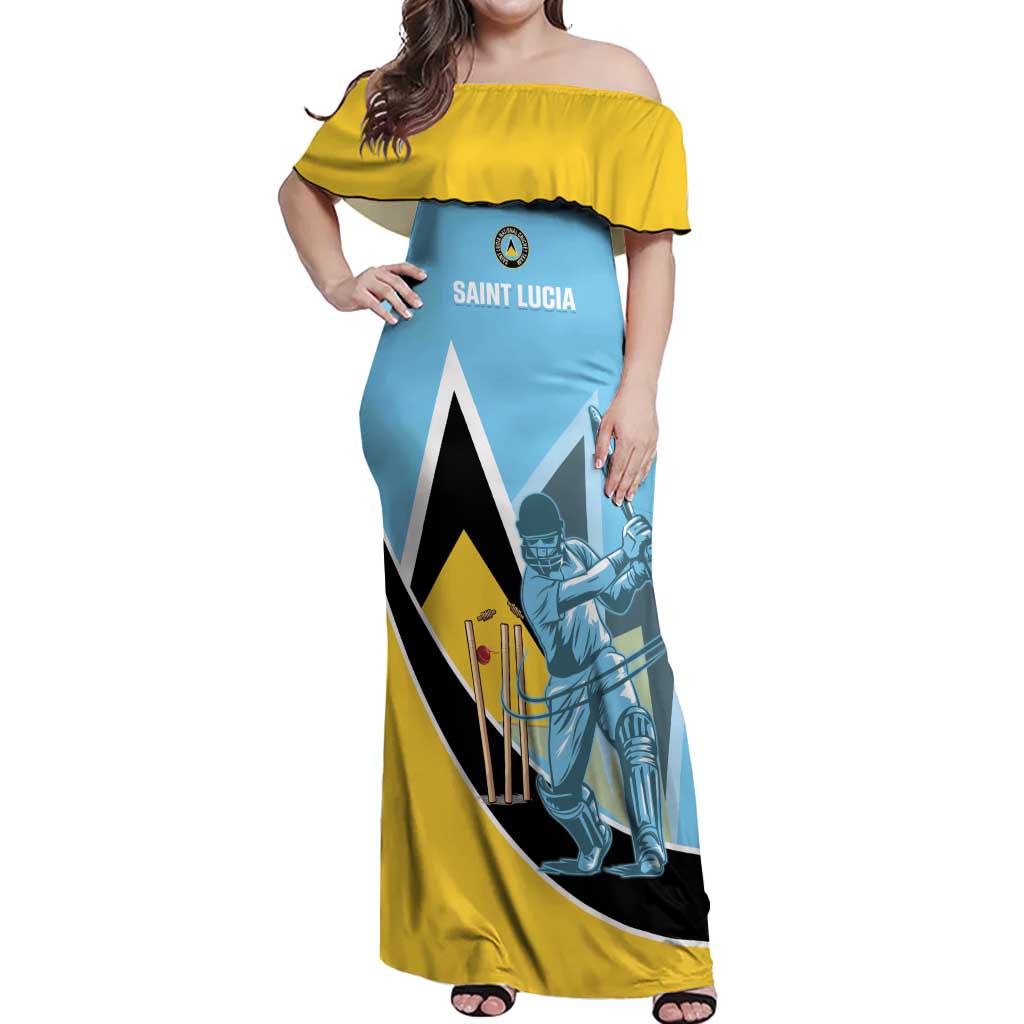 Custom Saint Lucia Cricket Off Shoulder Maxi Dress Go Champions - National Color - Wonder Print Shop