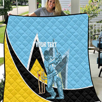 Light blue cricket quilt with yellow-and-black V stripe and player graphic.