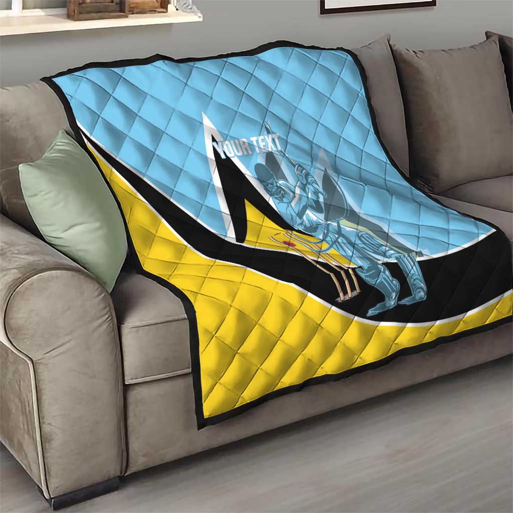 Light blue cricket quilt on sofa with yellow-and-black V stripe and player graphic.