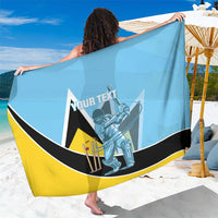 Blue cricket-themed custom sarong with black and yellow border, 'Your Text' center graphic.