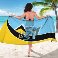 Blue custom cricket sarong draped bikini cover, black and yellow trim, 'Your Text' print.