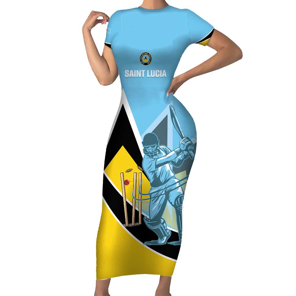 Custom Saint Lucia Cricket Short Sleeve Bodycon Dress Go Champions - National Color - Wonder Print Shop