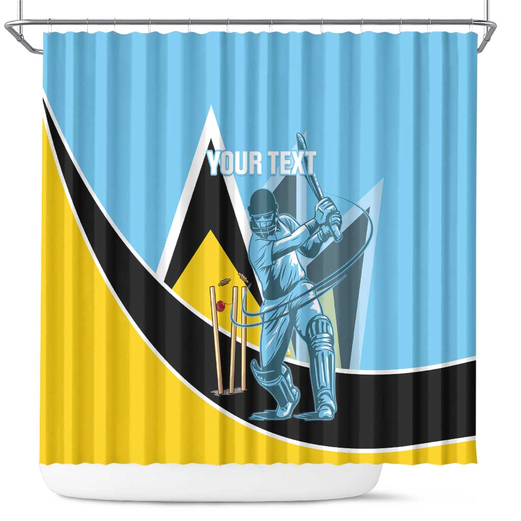 Blue cricket shower curtain with yellow and black swoosh; printed cricket player and “YOUR TEXT”