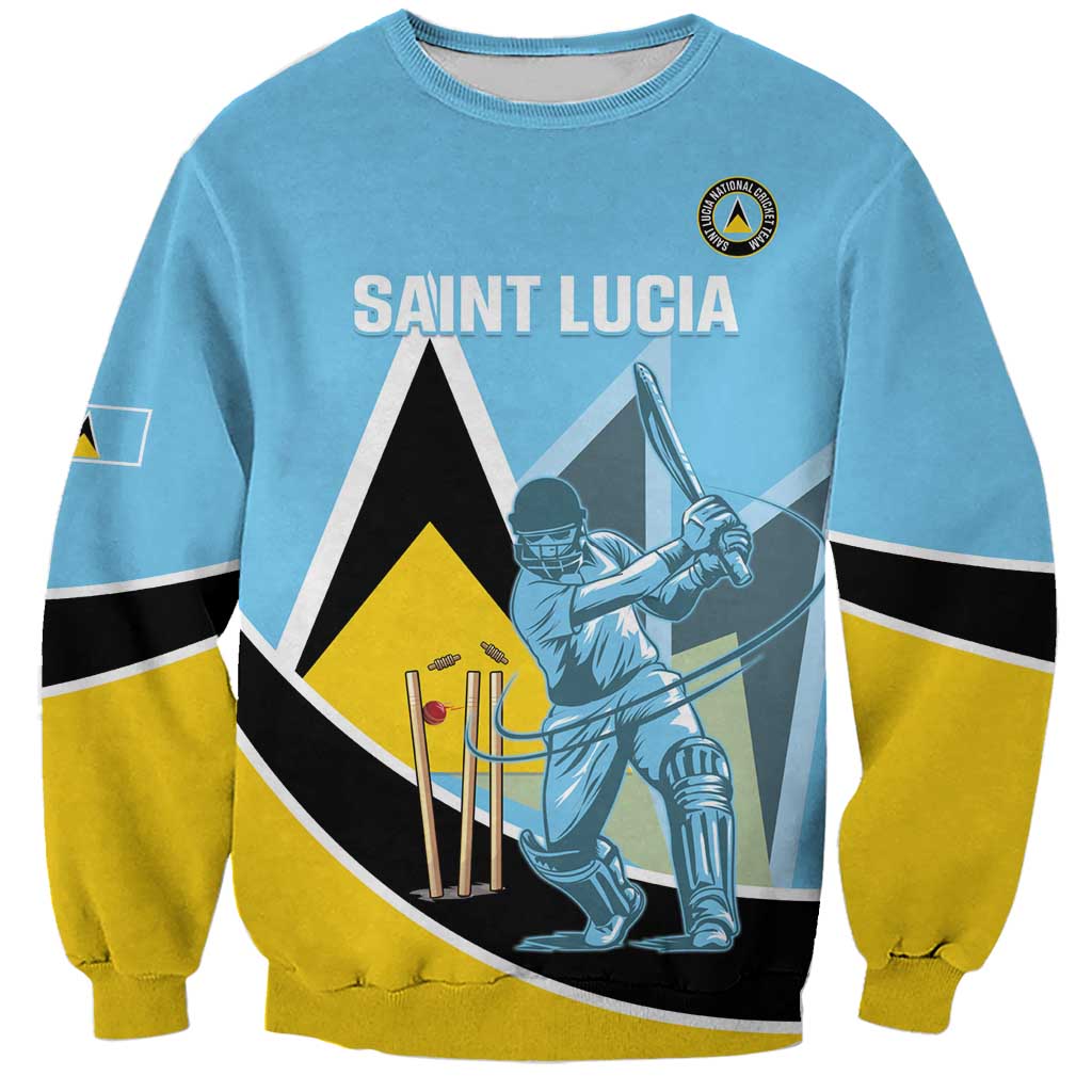 Unisex cricket sweatshirt in light blue with Saint Lucia front print, yellow/black sleeve bands