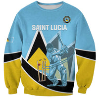 Unisex cricket sweatshirt in light blue with Saint Lucia front print, yellow/black sleeve bands