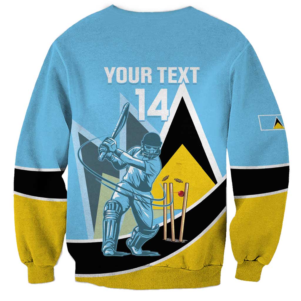 Unisex cricket sweatshirt light blue with back print YOUR TEXT and 14, yellow/black bands