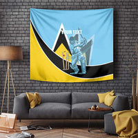 Blue cricket tapestry wall hanging with yellow and black curved design, player graphic, custom text