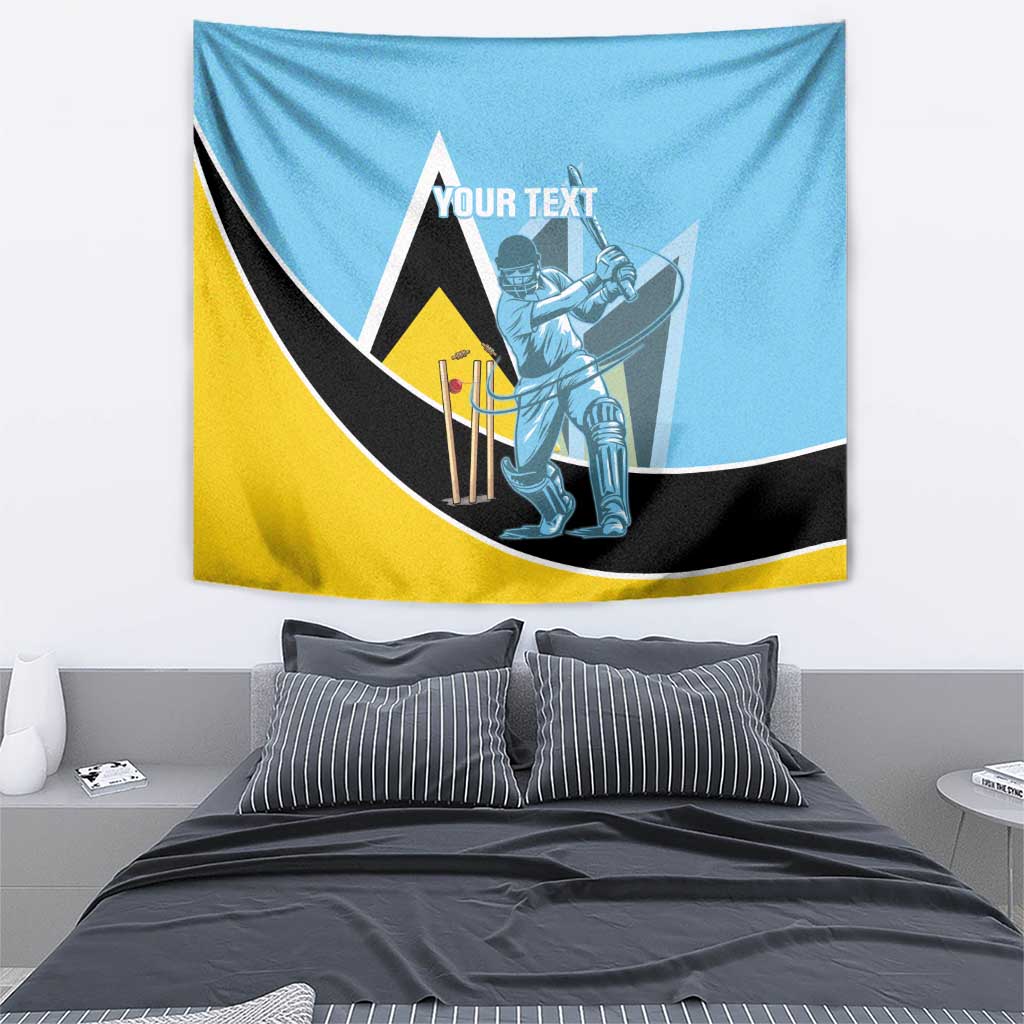 Blue cricket tapestry with yellow and black curved panels, kneeling cricketer illustration, custom text