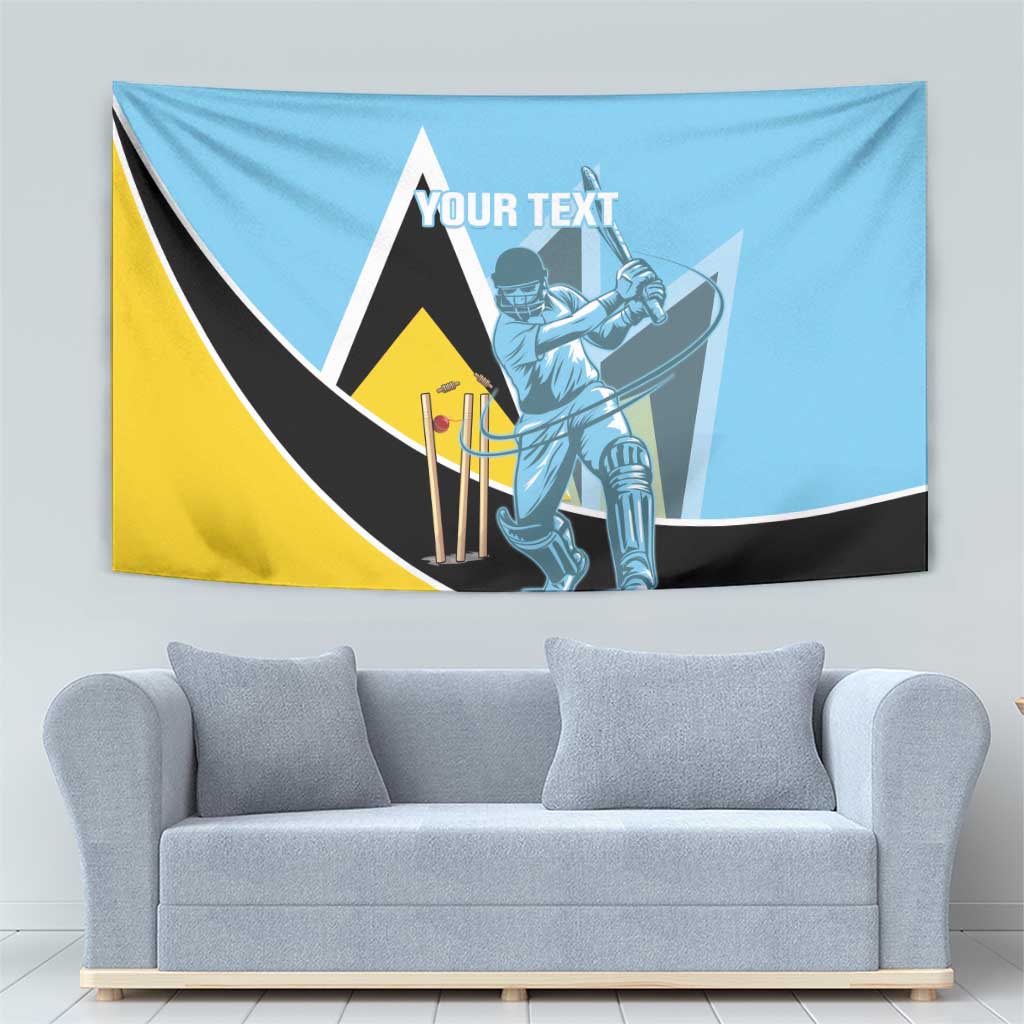 Blue cricket tapestry wall hanging with yellow and black curved stripe, batsman graphic, custom text