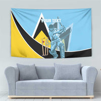 Blue cricket tapestry wall hanging with yellow and black curved stripe, batsman graphic, custom text
