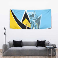 Blue cricket tapestry with yellow and black curved design, cricket player illustration, custom text