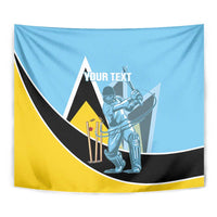 Close-up of blue cricket tapestry with yellow and black curved design, batsman graphic, custom text