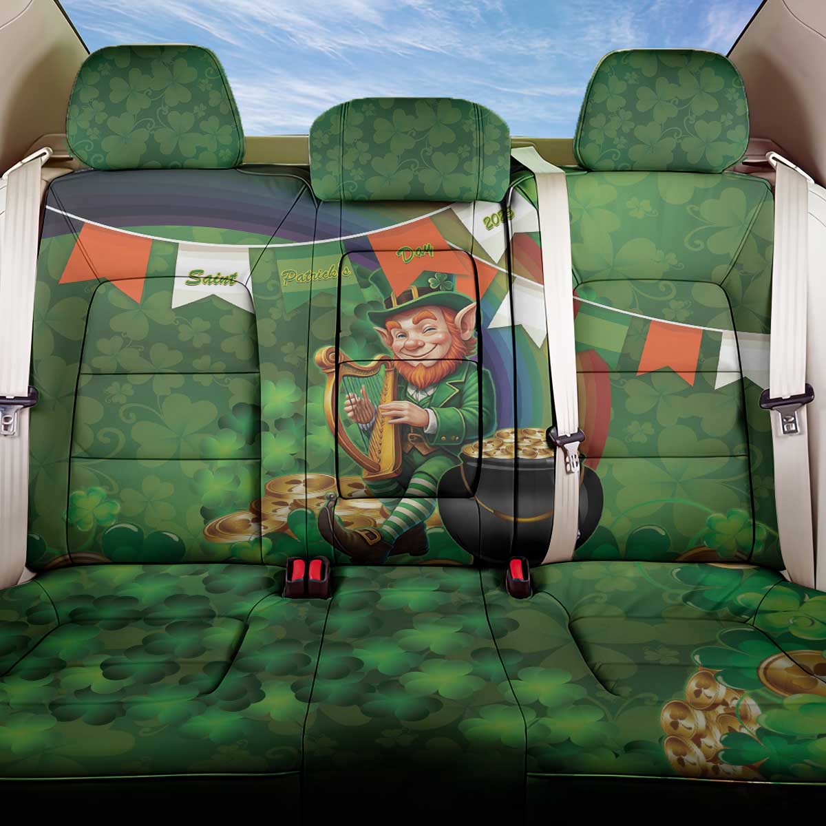 Happy Saint Patrick's Day Back Car Seat Cover Leprechaun With Irish Harp - Shamrock Pattern - Wonder Print Shop