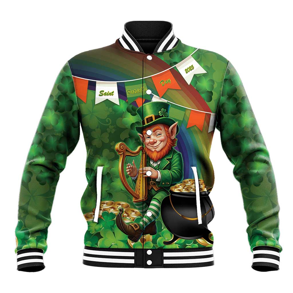 Happy Saint Patrick's Day Baseball Jacket Leprechaun With Irish Harp - Shamrock Pattern - Wonder Print Shop