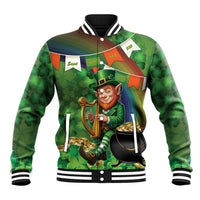 Green baseball jacket with leprechaun holding Irish harp, shamrock pattern