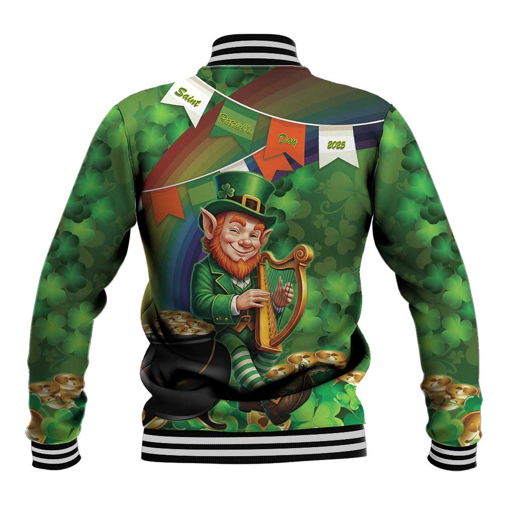 Green baseball jacket back with leprechaun holding harp, shamrock and rainbow bands