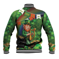 Green baseball jacket back with leprechaun holding harp, shamrock and rainbow bands
