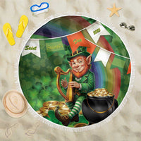 Round green St. Patrick’s beach blanket with leprechaun holding harp and cauldron, white fringe
