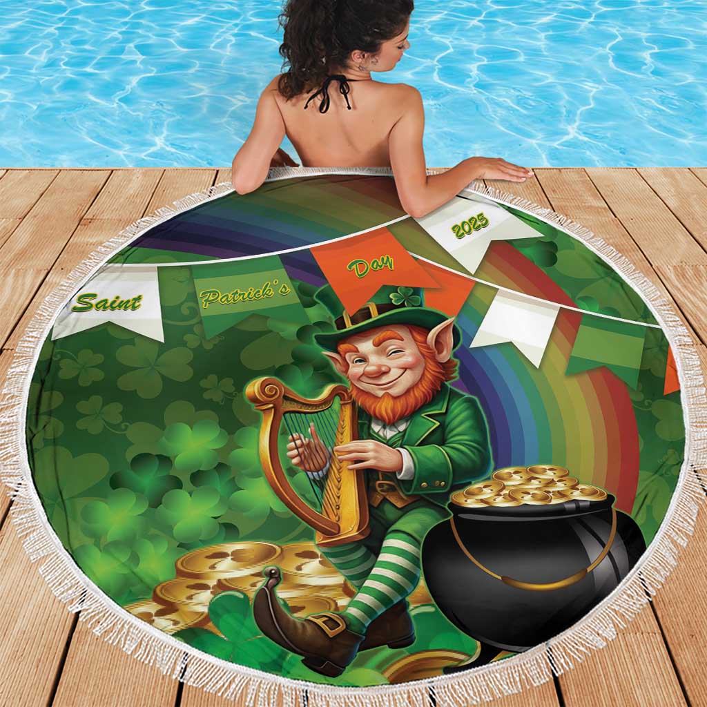 Round green St. Patrick’s beach blanket with leprechaun holding harp and pot, rainbow shamrocks