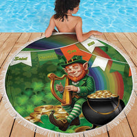 Round green St. Patrick’s beach blanket with leprechaun holding harp and pot, rainbow shamrocks