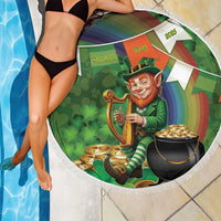 Round green St. Patrick’s beach blanket corner with leprechaun harp and cauldron, white fringe