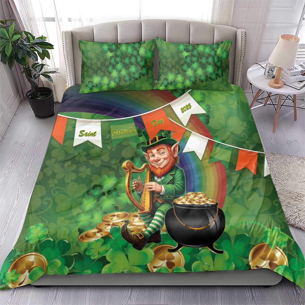 Green shamrock bedding set with leprechaun holding an Irish harp and cauldron, two pillows