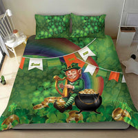 Green shamrock print bedding set with leprechaun holding Irish harp, cauldron design, matching pillows