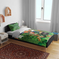 Green St Patrick's Day duvet set with leprechaun holding Irish harp, shamrock pattern and two pillows