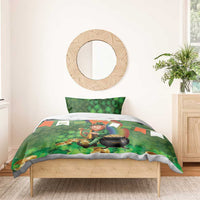 Green shamrock pattern bedding set with leprechaun holding an Irish harp, duvet and pillows