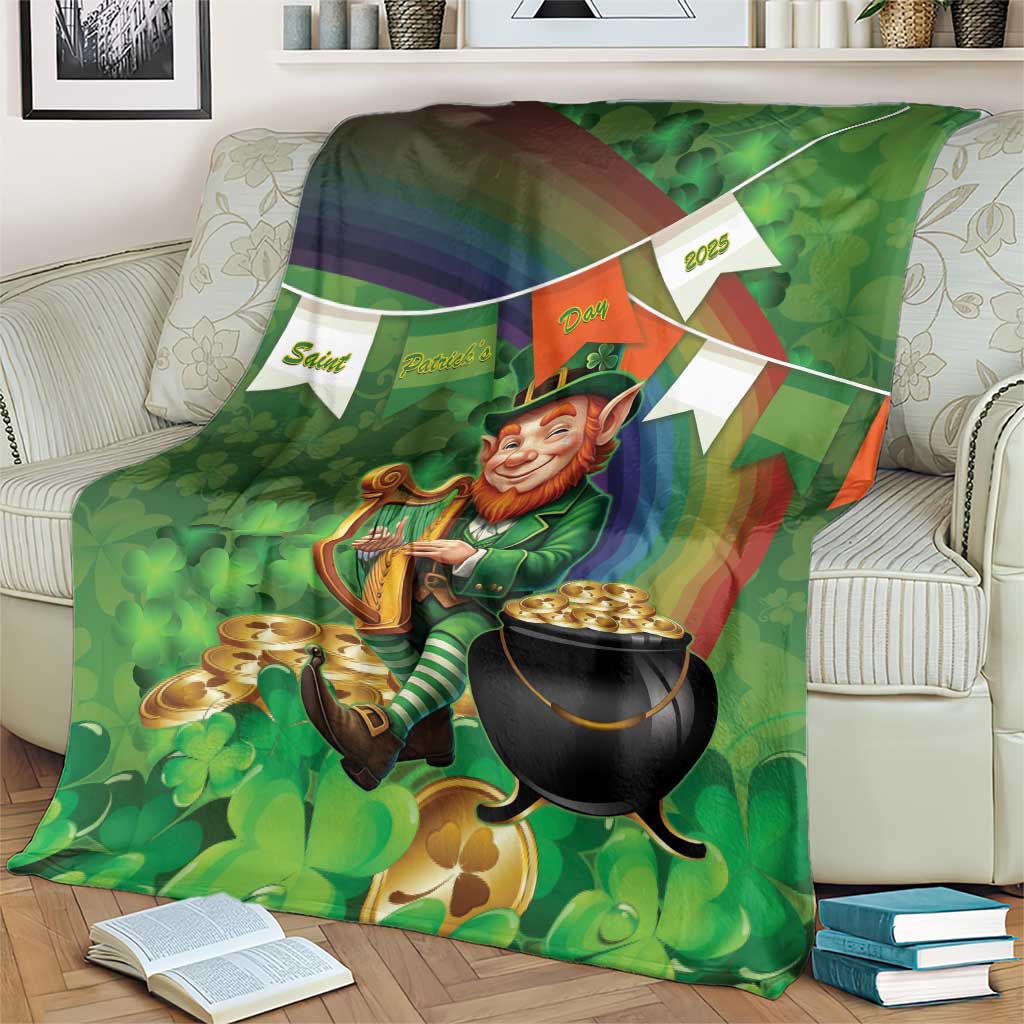 Green St. Patrick's Day throw blanket draped over sofa, with leprechaun holding a harp