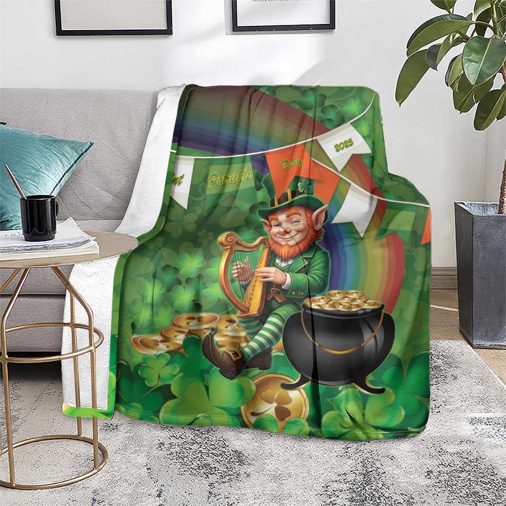 Green St. Patrick's Day throw blanket with leprechaun harpist, shamrocks, and black pot of gold