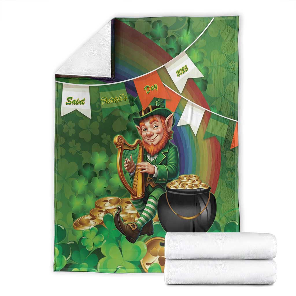 Green St. Patrick's Day throw blanket with leprechaun holding harp, shamrock pattern, folded