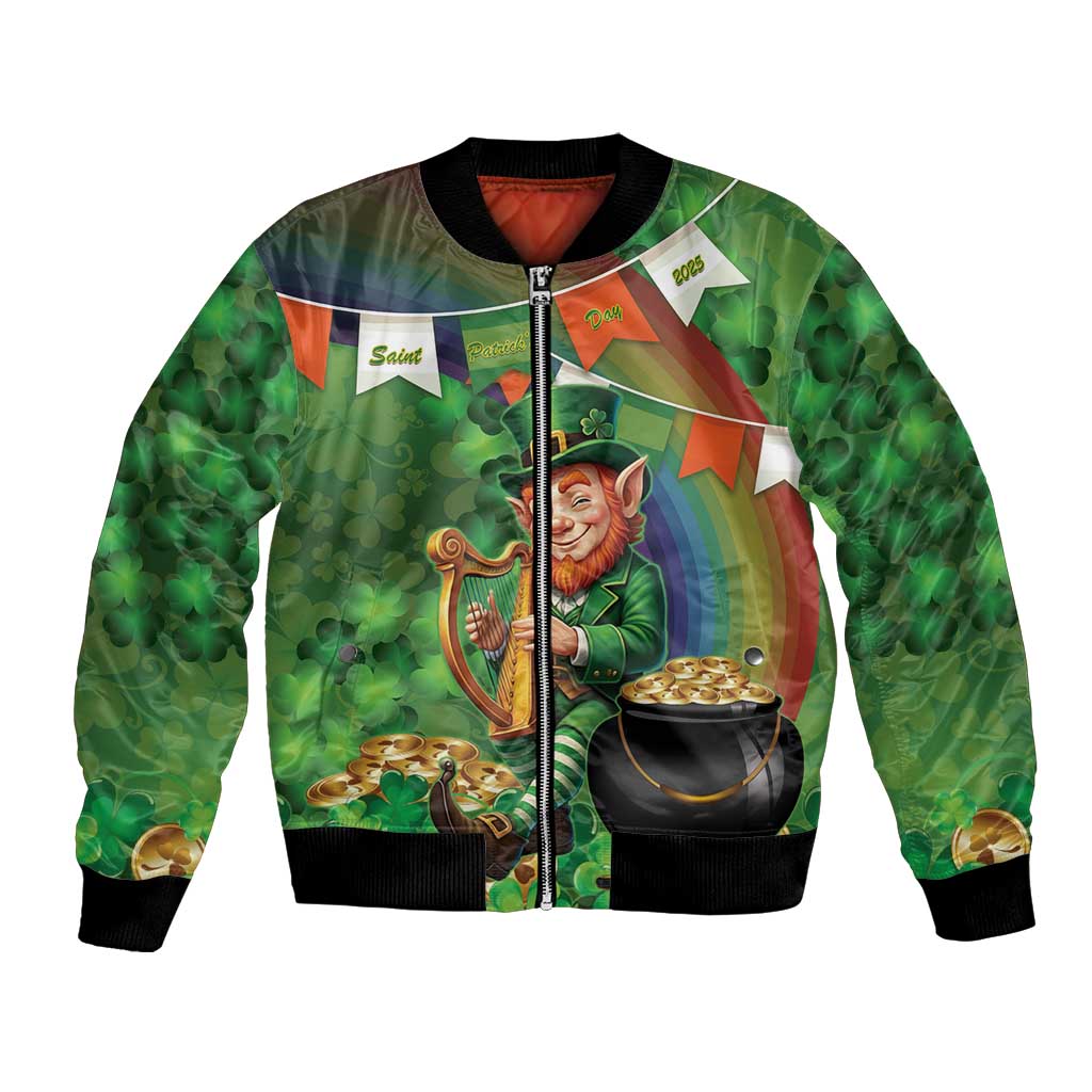 Happy Saint Patrick's Day Bomber Jacket Leprechaun With Irish Harp - Shamrock Pattern - Wonder Print Shop