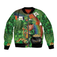Green bomber jacket with shamrock print, leprechaun playing harp, cauldron graphic, zip front