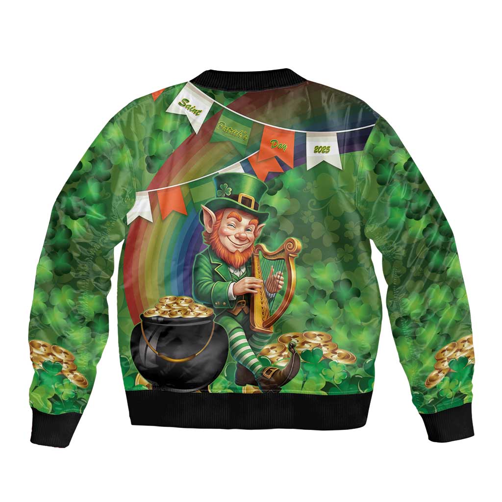 Green bomber jacket with shamrock pattern, leprechaun holding Irish harp, gold coins cauldron