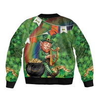 Green bomber jacket with shamrock pattern, leprechaun holding Irish harp, gold coins cauldron