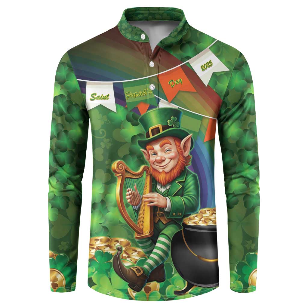 Green button-up sweatshirt with clover pattern and leprechaun holding harp graphic