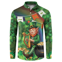 Green button-up sweatshirt with clover pattern and leprechaun holding harp graphic