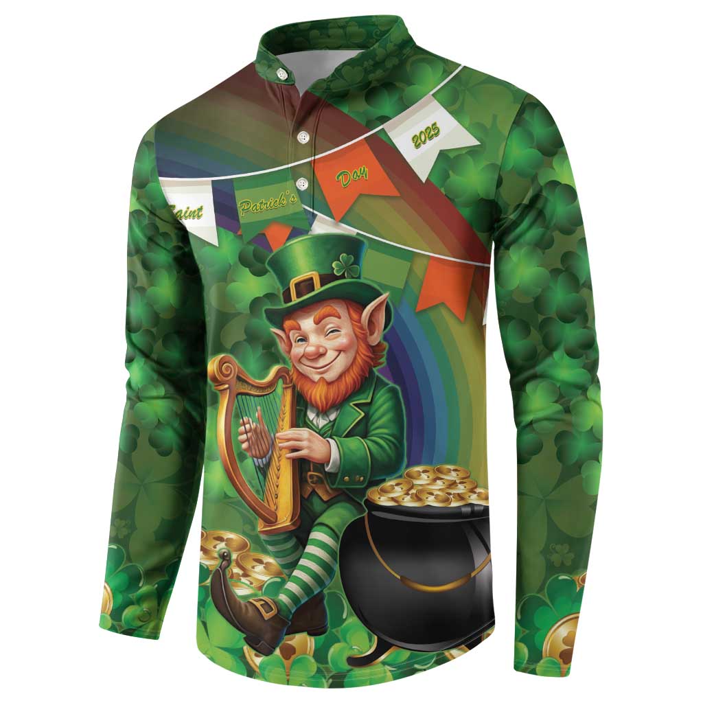 Green button-up sweatshirt with full-front leprechaun, harp, and pot of gold illustration