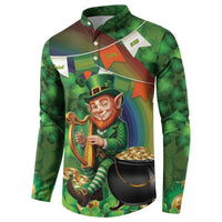 Green button-up sweatshirt with full-front leprechaun, harp, and pot of gold illustration