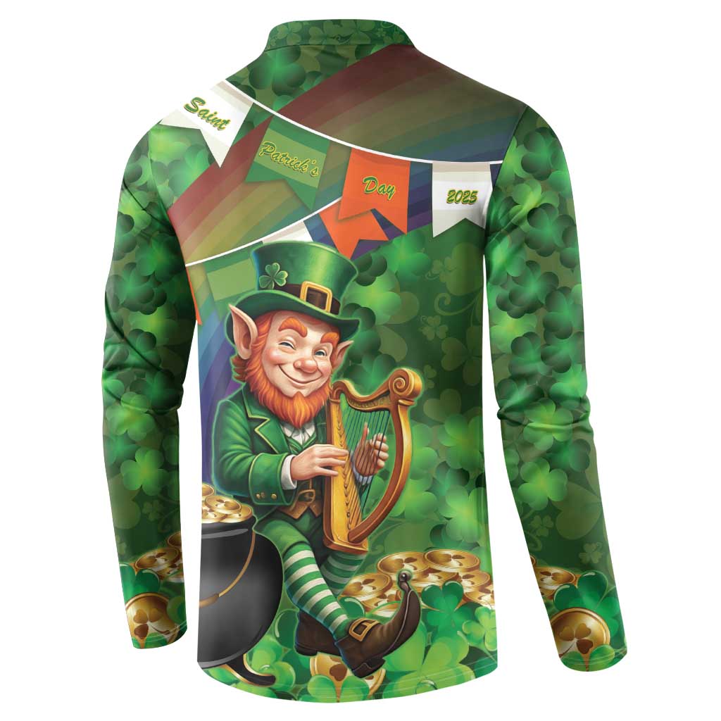 Green button-up sweatshirt back view with leprechaun holding harp and clover pattern