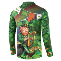 Green button-up sweatshirt back view with leprechaun holding harp and clover pattern
