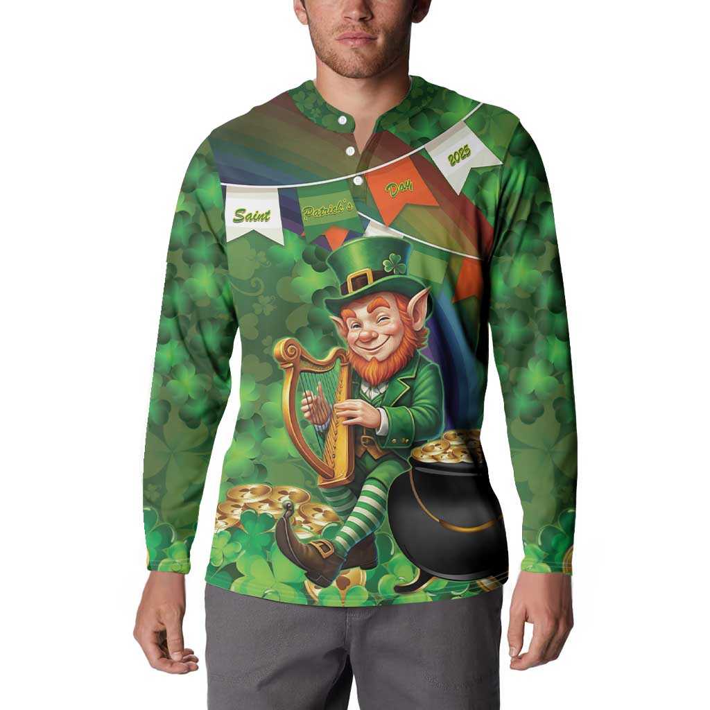 Green button-up sweatshirt worn by model with leprechaun holding harp and clover print