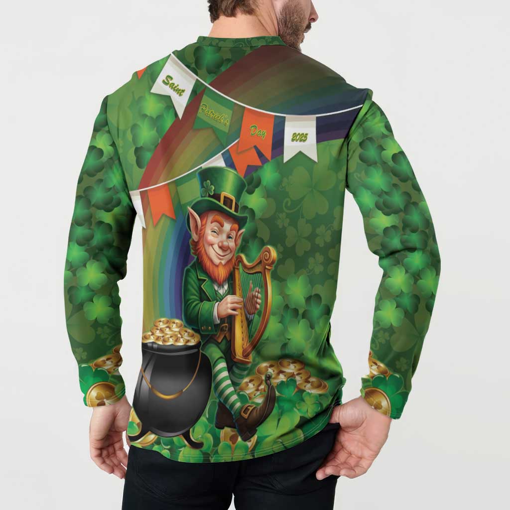 Green button-up sweatshirt worn by model, leprechaun holding harp on back with clover print